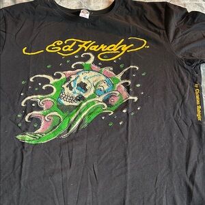 Ed Hardy Black Graphic Skull Tee with Green and Pink Accents size xl